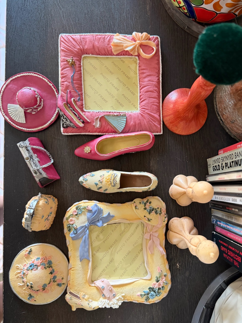 Vintage Pink and Yellow Decorative Shoe Trinkets and photo frames - Pair
